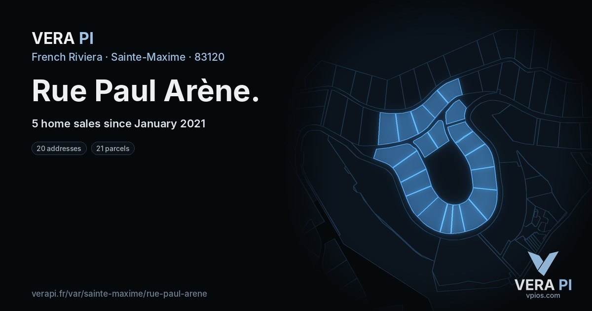 Rue Paul Arène, Sainte-Maxime at night – every parcel coloured by the prices around it, the street's own parcels lit