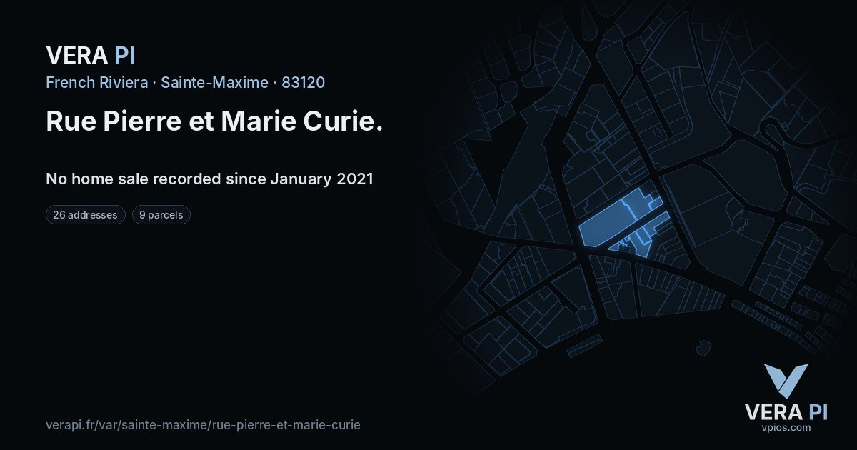 Rue Pierre et Marie Curie, Sainte-Maxime at night – every parcel coloured by the prices around it, the street's own parcels lit