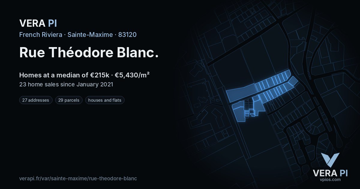 Rue Théodore Blanc, Sainte-Maxime at night – every parcel coloured by the prices around it, the street's own parcels lit