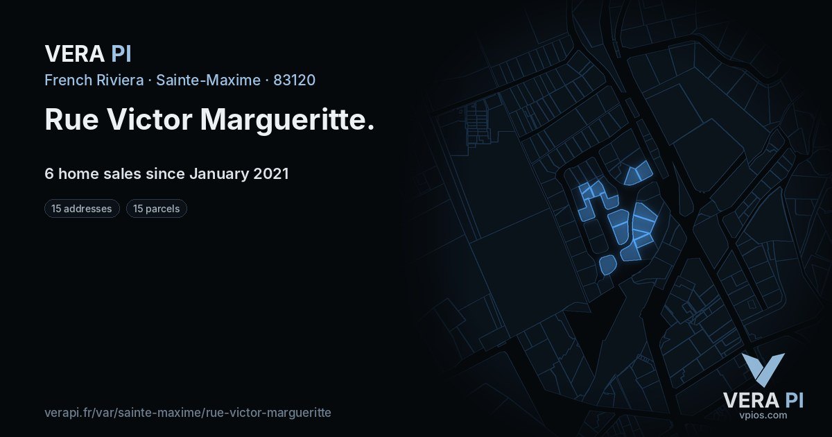 Rue Victor Margueritte, Sainte-Maxime at night – every parcel coloured by the prices around it, the street's own parcels lit