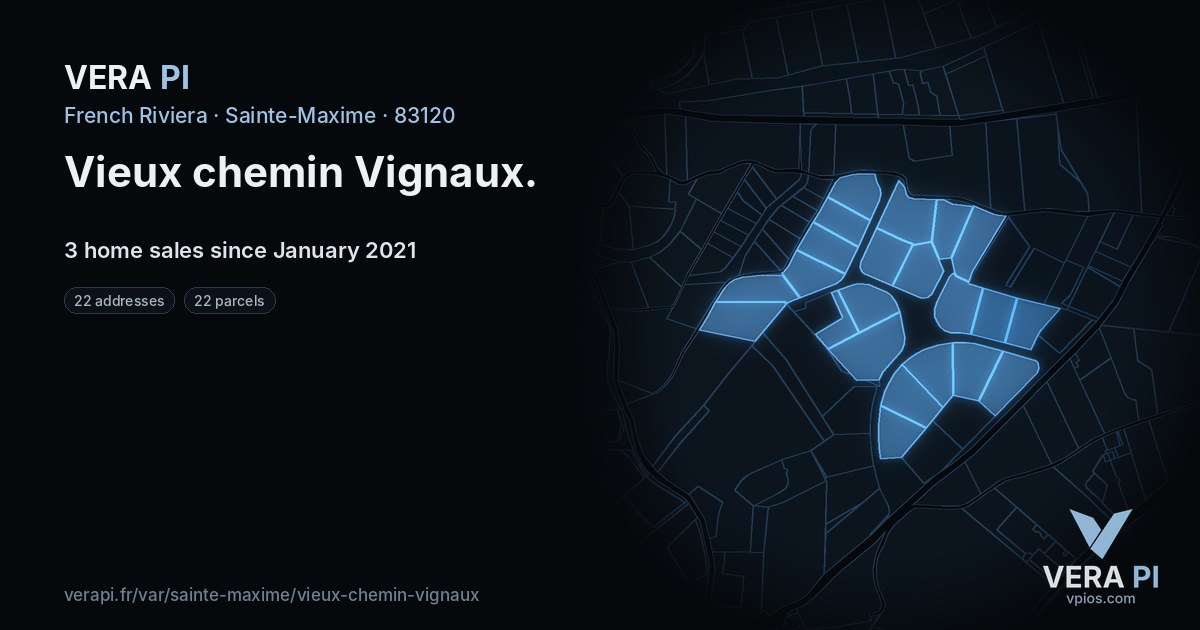 Vieux chemin Vignaux, Sainte-Maxime at night – every parcel coloured by the prices around it, the street's own parcels lit