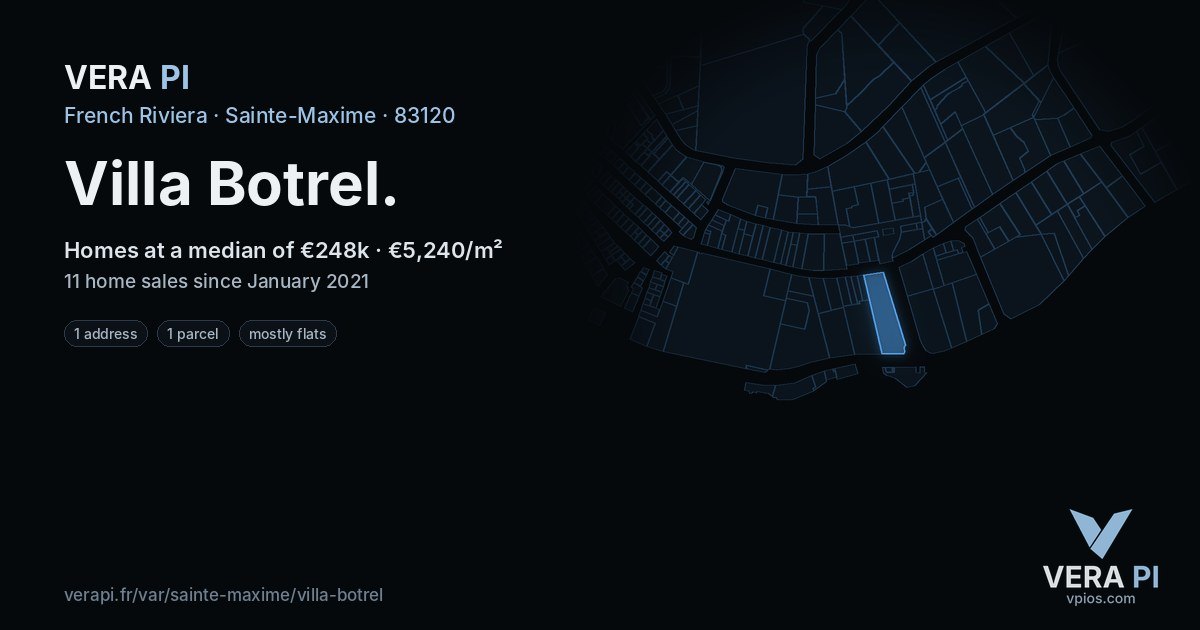Villa Botrel, Sainte-Maxime at night – every parcel coloured by the prices around it, the street's own parcels lit