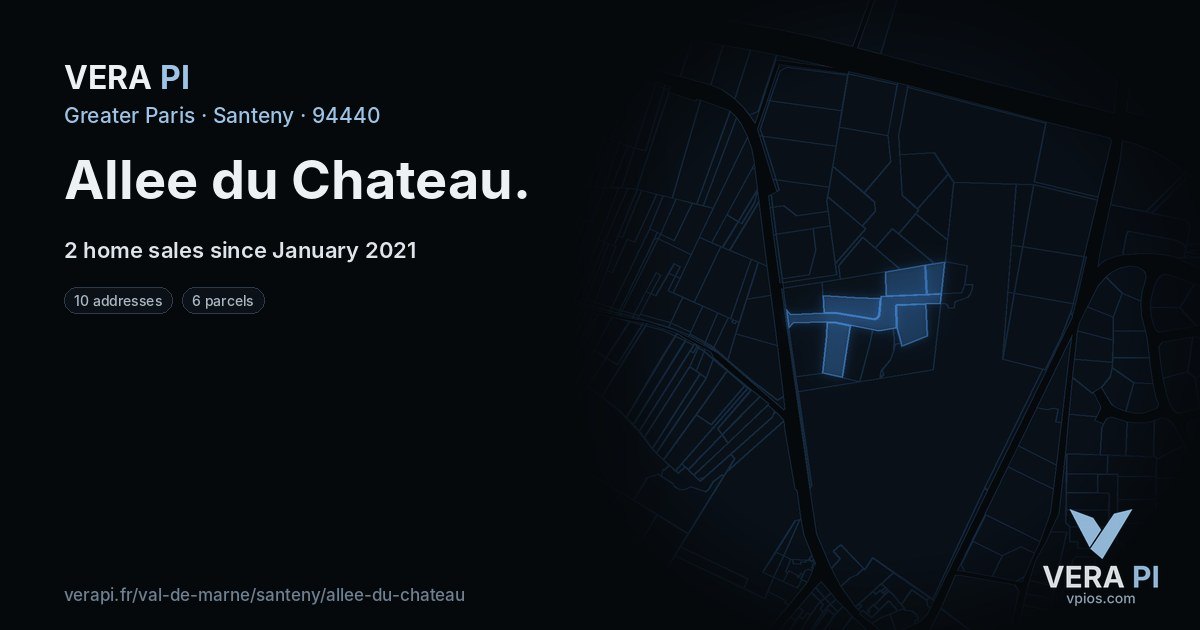 Allee du Chateau, Santeny at night – every parcel coloured by the prices around it, the street's own parcels lit