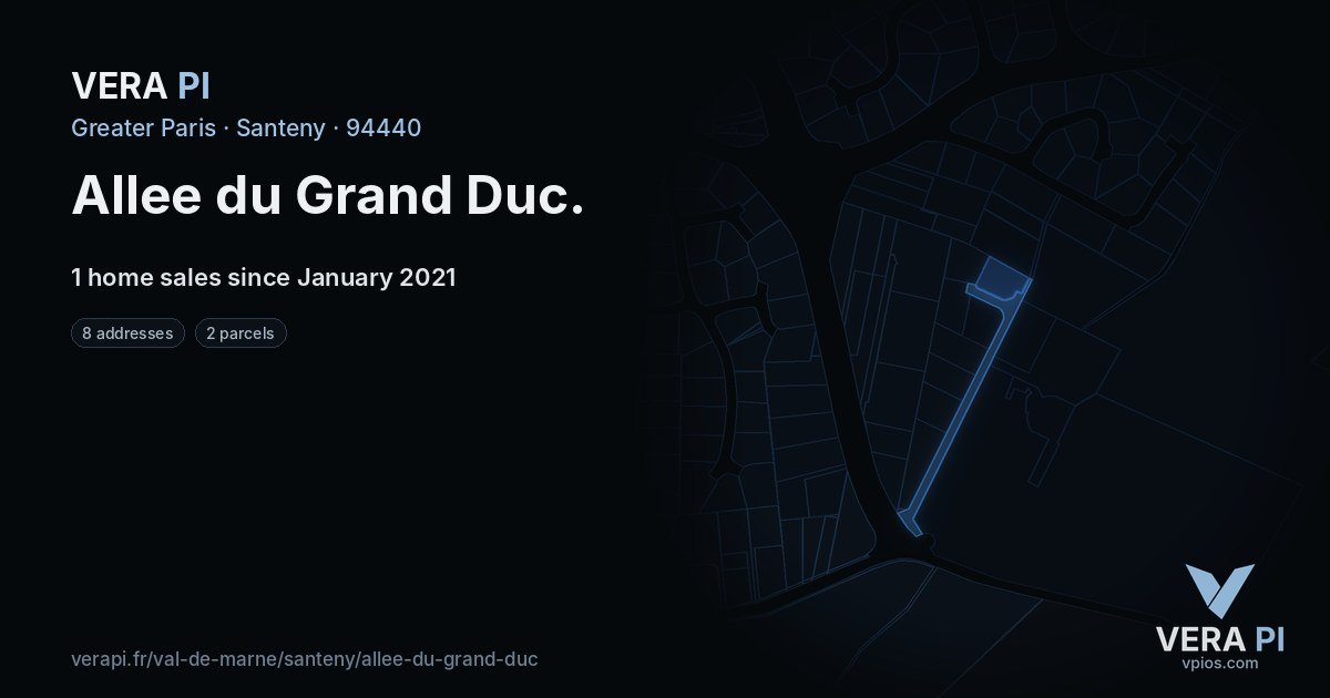 Allee du Grand Duc, Santeny at night – every parcel coloured by the prices around it, the street's own parcels lit