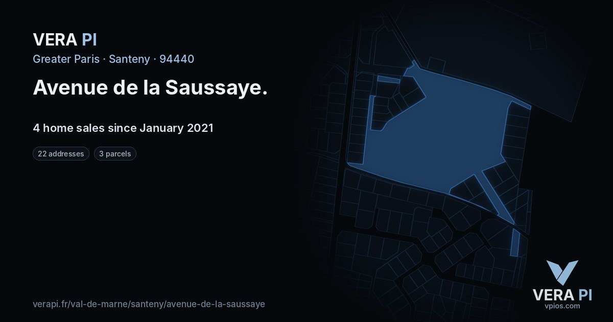 Avenue de la Saussaye, Santeny at night – every parcel coloured by the prices around it, the street's own parcels lit