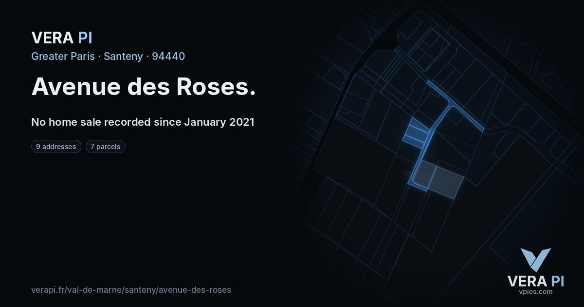 Avenue des Roses, Santeny at night – every parcel coloured by the prices around it, the street's own parcels lit