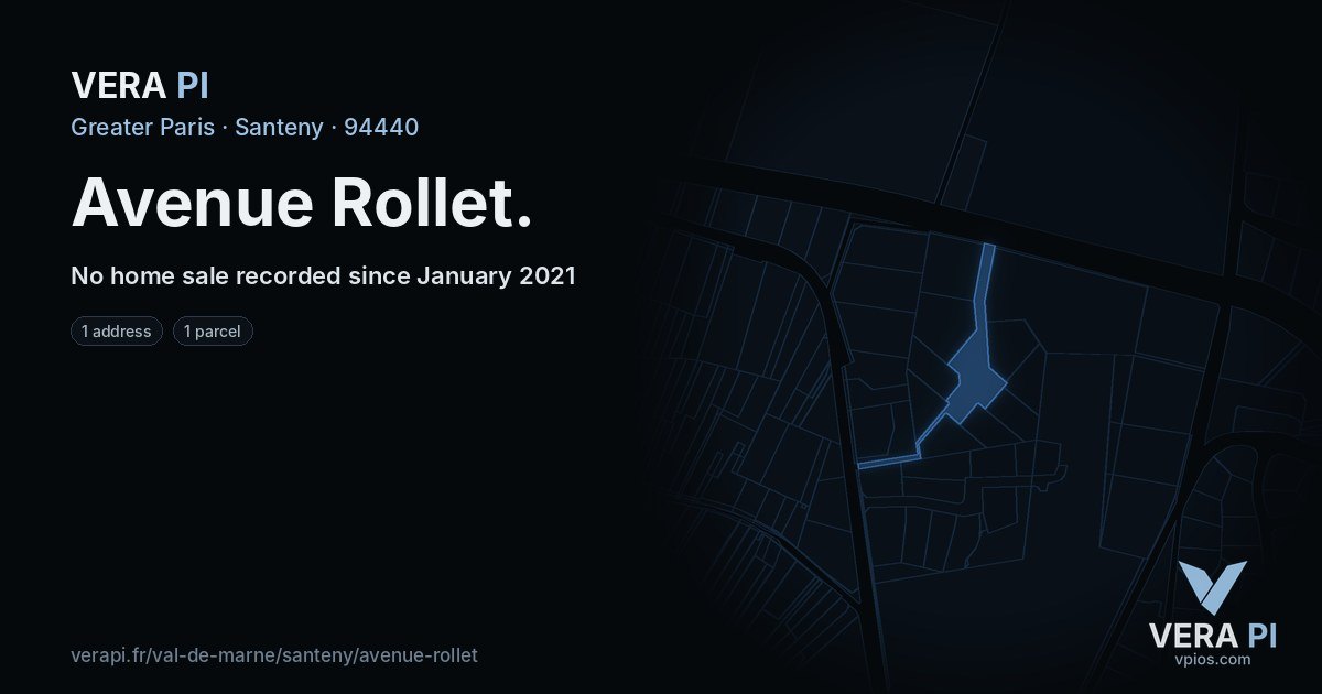 Avenue Rollet, Santeny at night – every parcel coloured by the prices around it, the street's own parcels lit