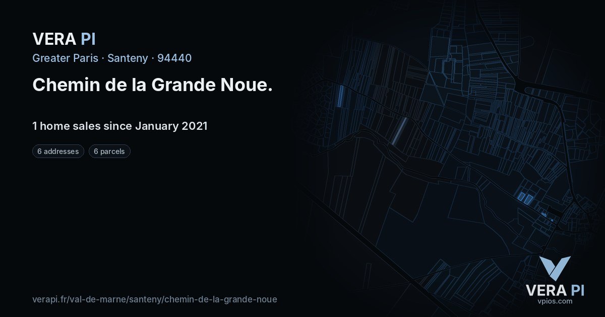 Chemin de la Grande Noue, Santeny at night – every parcel coloured by the prices around it, the street's own parcels lit
