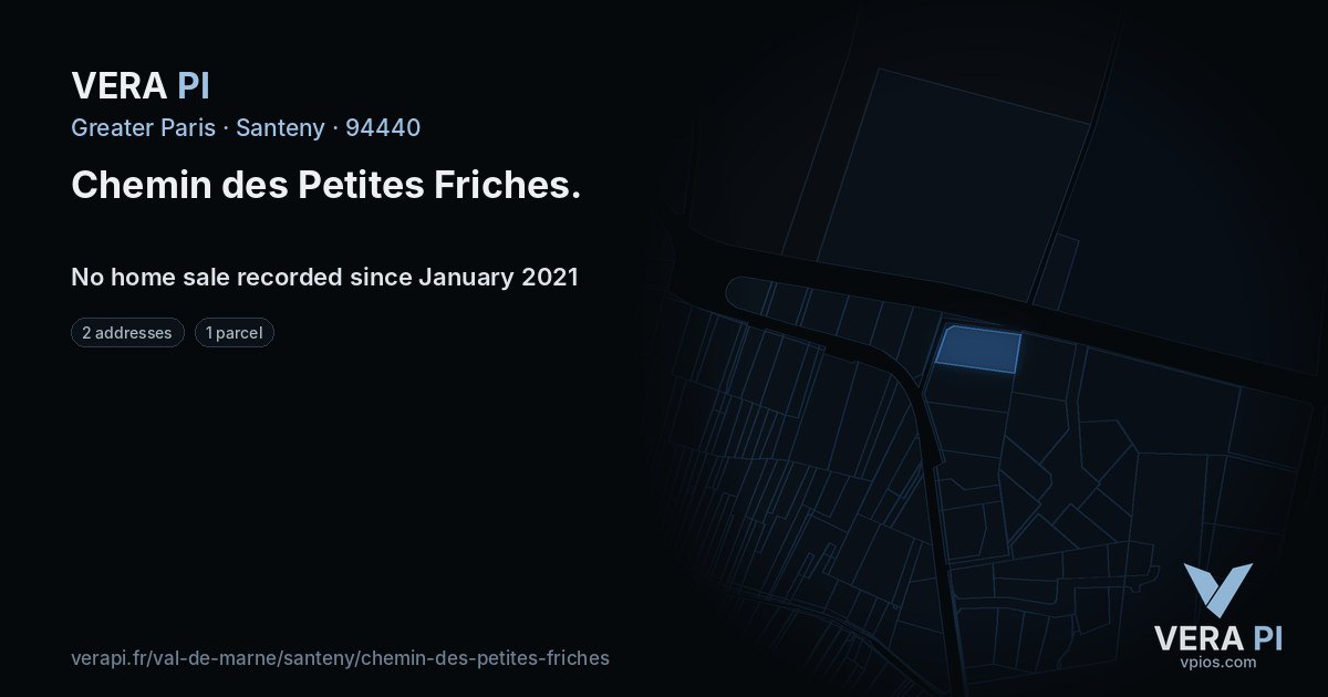 Chemin des Petites Friches, Santeny at night – every parcel coloured by the prices around it, the street's own parcels lit