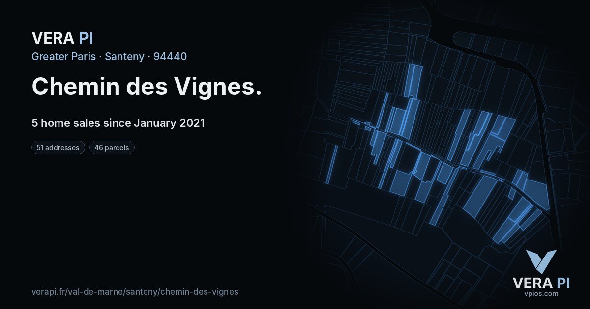 Chemin des Vignes, Santeny at night – every parcel coloured by the prices around it, the street's own parcels lit