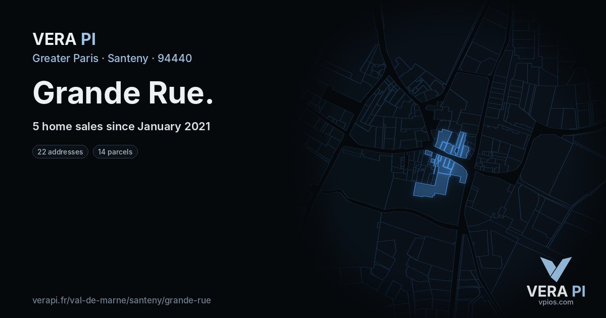 Grande Rue, Santeny at night – every parcel coloured by the prices around it, the street's own parcels lit