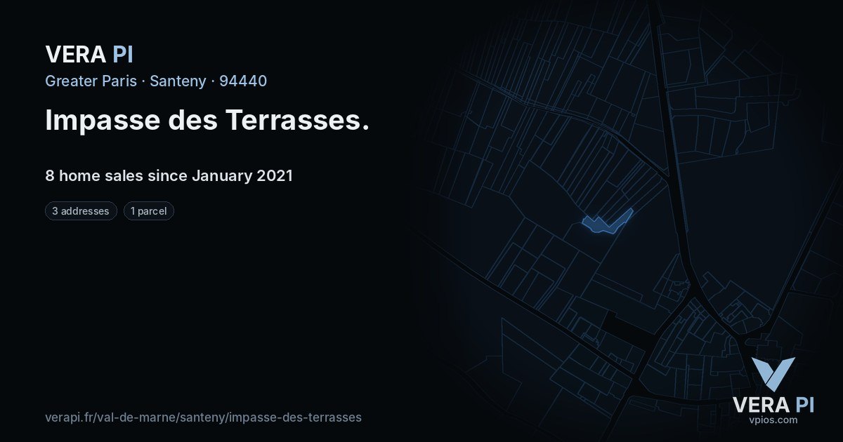 Impasse des Terrasses, Santeny at night – every parcel coloured by the prices around it, the street's own parcels lit