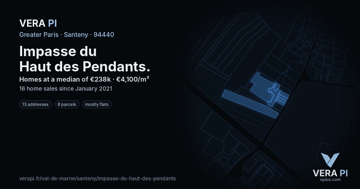 Impasse du Haut des Pendants, Santeny at night – every parcel coloured by the prices around it, the street's own parcels lit
