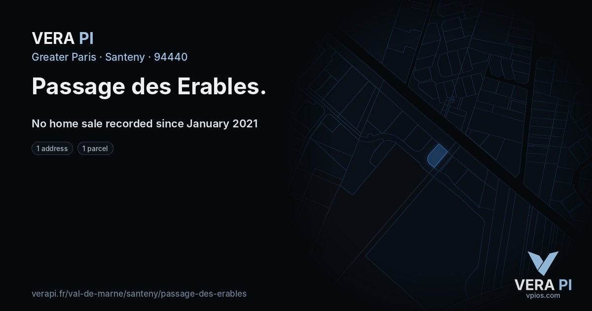 Passage des Erables, Santeny at night – every parcel coloured by the prices around it, the street's own parcels lit