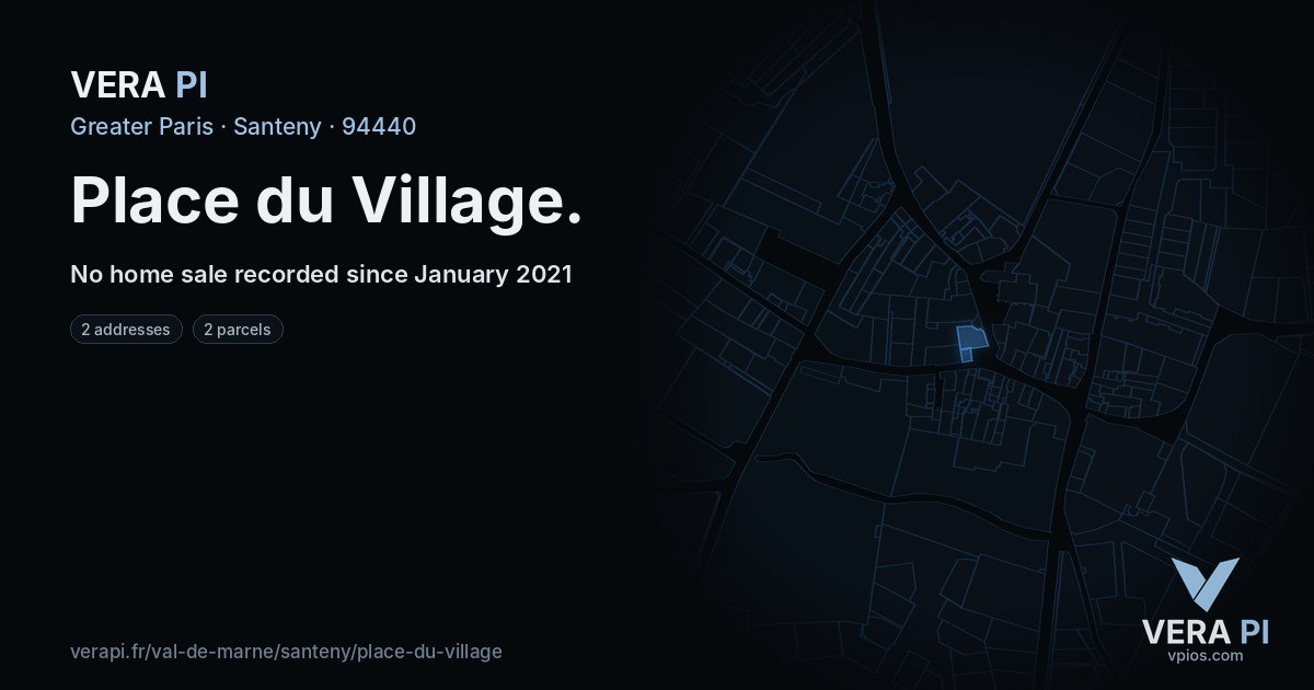 Place du Village, Santeny at night – every parcel coloured by the prices around it, the street's own parcels lit