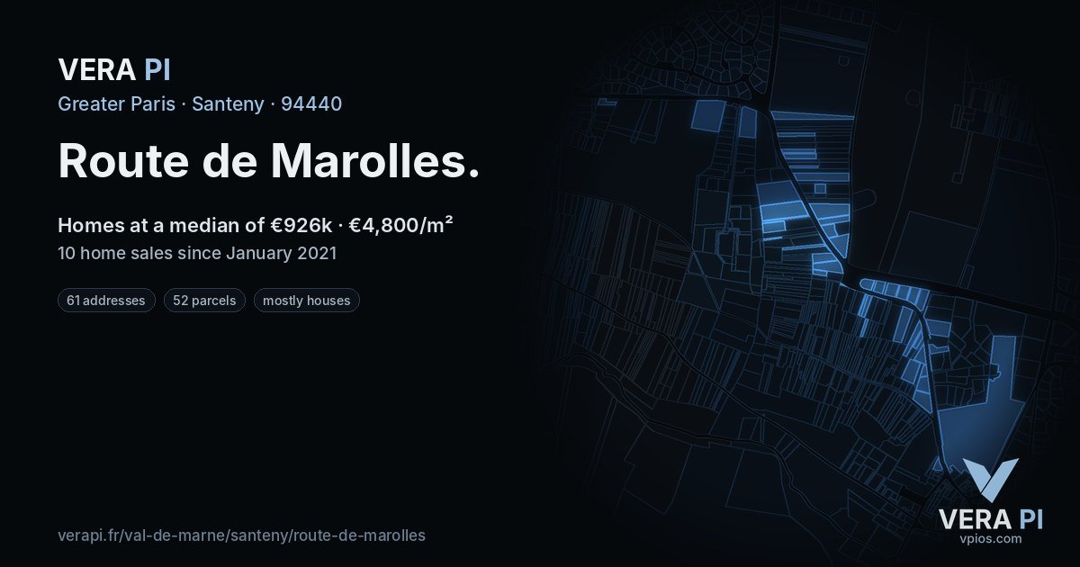 Route de Marolles, Santeny at night – every parcel coloured by the prices around it, the street's own parcels lit
