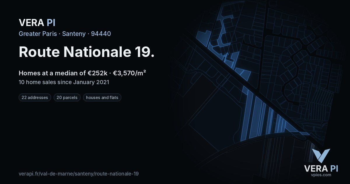 Route Nationale 19, Santeny at night – every parcel coloured by the prices around it, the street's own parcels lit