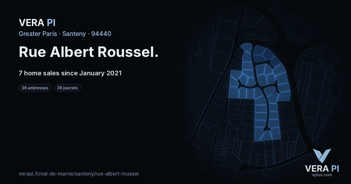 Rue Albert Roussel, Santeny at night – every parcel coloured by the prices around it, the street's own parcels lit