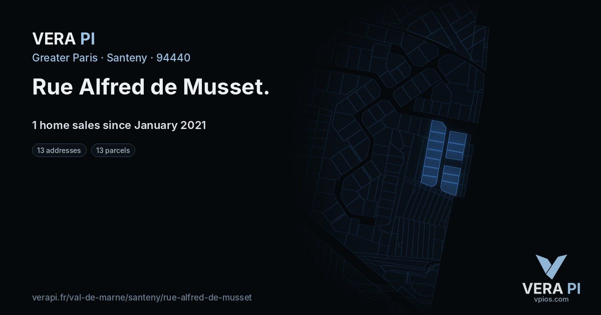 Rue Alfred de Musset, Santeny at night – every parcel coloured by the prices around it, the street's own parcels lit