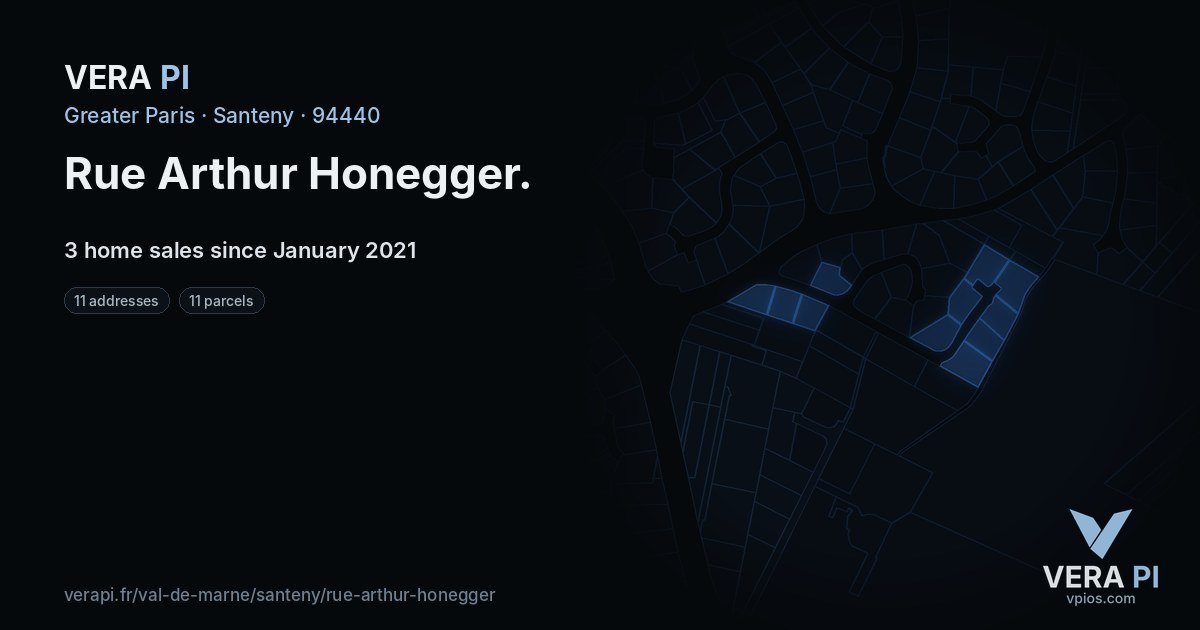 Rue Arthur Honegger, Santeny at night – every parcel coloured by the prices around it, the street's own parcels lit