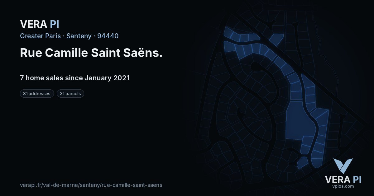 Rue Camille Saint Saëns, Santeny at night – every parcel coloured by the prices around it, the street's own parcels lit
