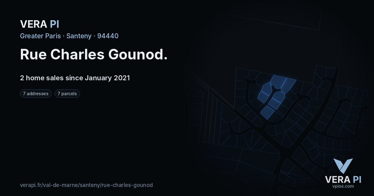 Rue Charles Gounod, Santeny at night – every parcel coloured by the prices around it, the street's own parcels lit