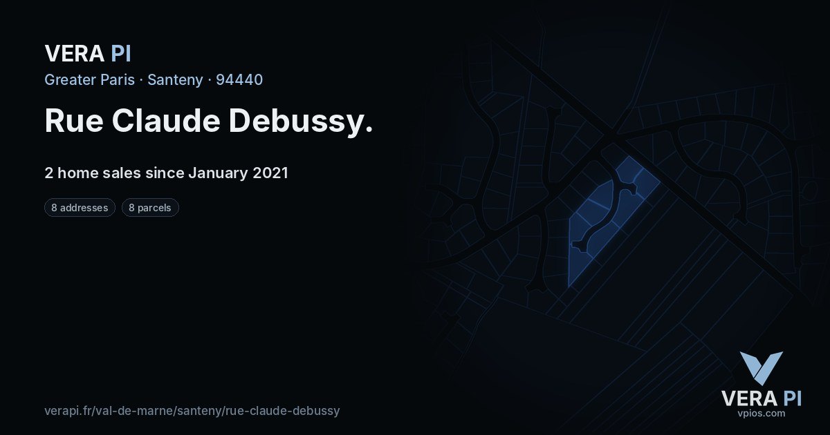 Rue Claude Debussy, Santeny at night – every parcel coloured by the prices around it, the street's own parcels lit