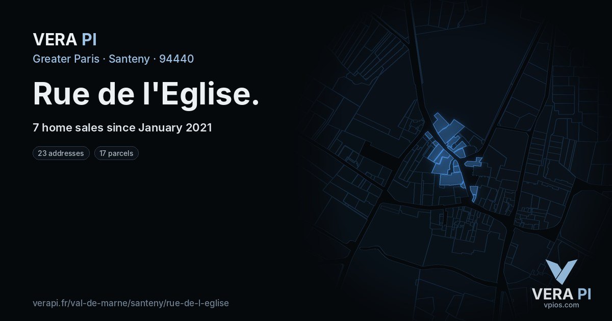 Rue de l'Eglise, Santeny at night – every parcel coloured by the prices around it, the street's own parcels lit