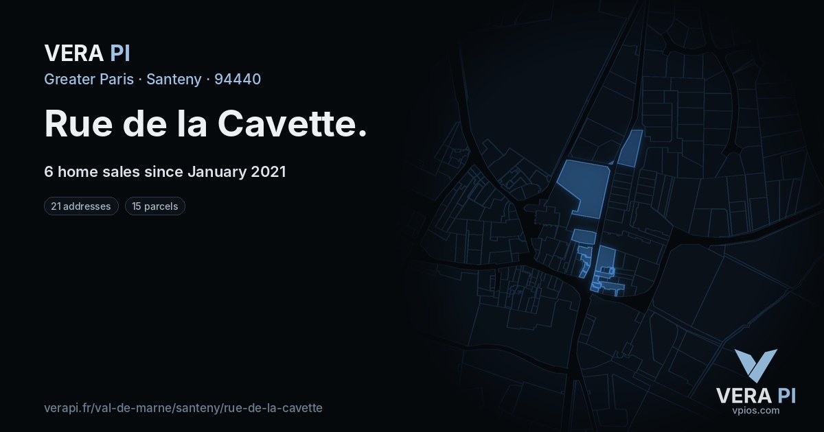 Rue de la Cavette, Santeny at night – every parcel coloured by the prices around it, the street's own parcels lit