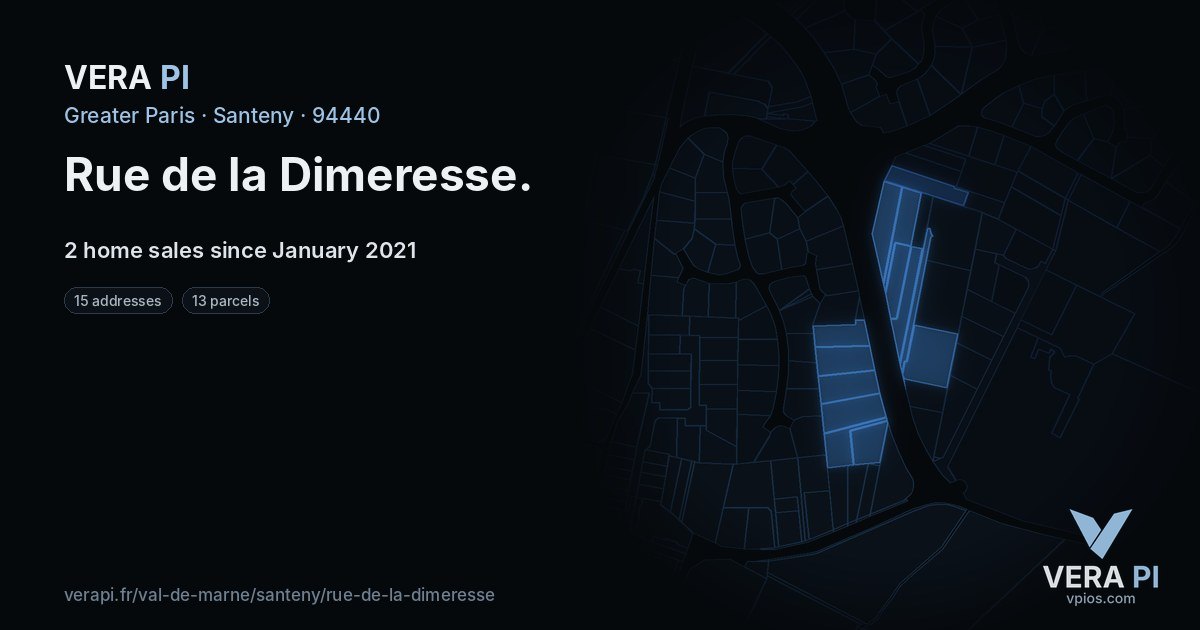 Rue de la Dimeresse, Santeny at night – every parcel coloured by the prices around it, the street's own parcels lit