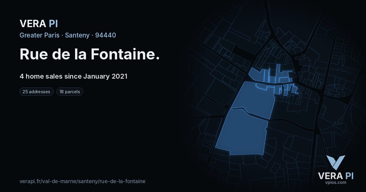 Rue de la Fontaine, Santeny at night – every parcel coloured by the prices around it, the street's own parcels lit