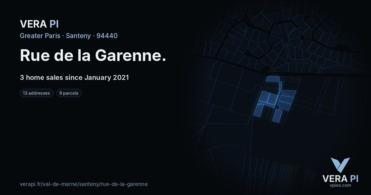 Rue de la Garenne, Santeny at night – every parcel coloured by the prices around it, the street's own parcels lit