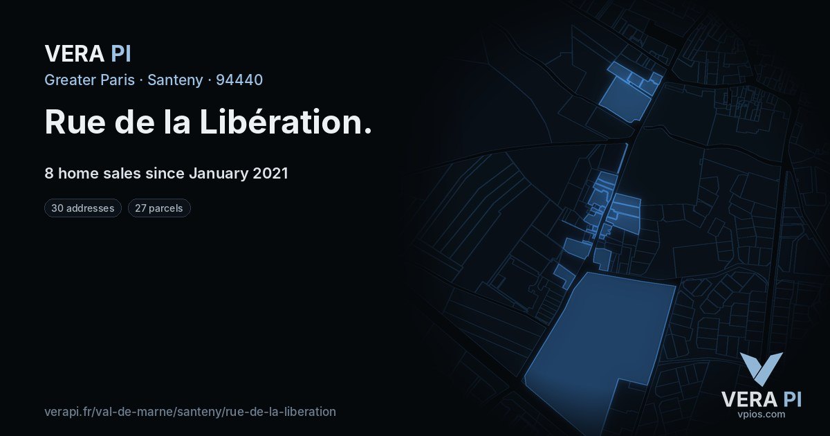 Rue de la Libération, Santeny at night – every parcel coloured by the prices around it, the street's own parcels lit