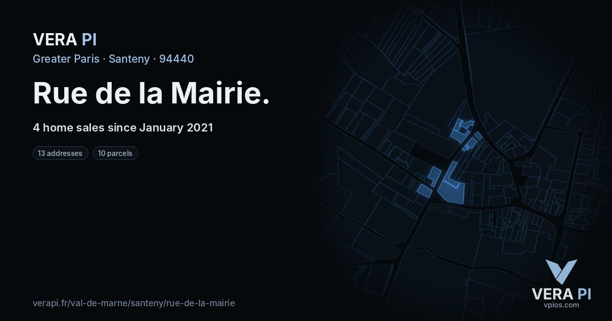 Rue de la Mairie, Santeny at night – every parcel coloured by the prices around it, the street's own parcels lit