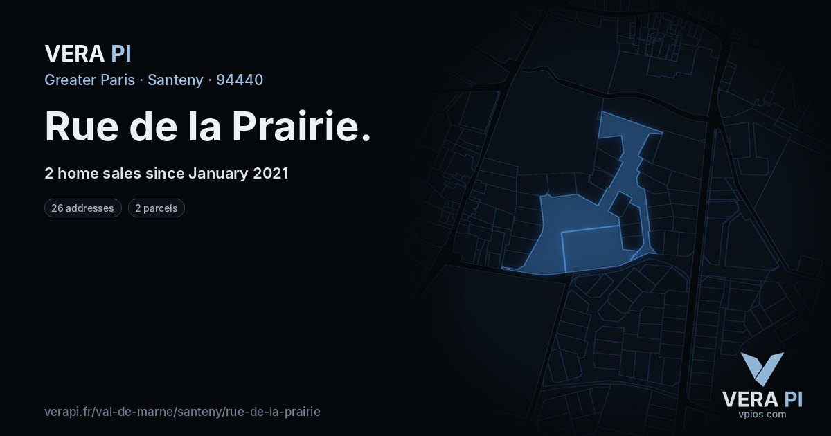 Rue de la Prairie, Santeny at night – every parcel coloured by the prices around it, the street's own parcels lit