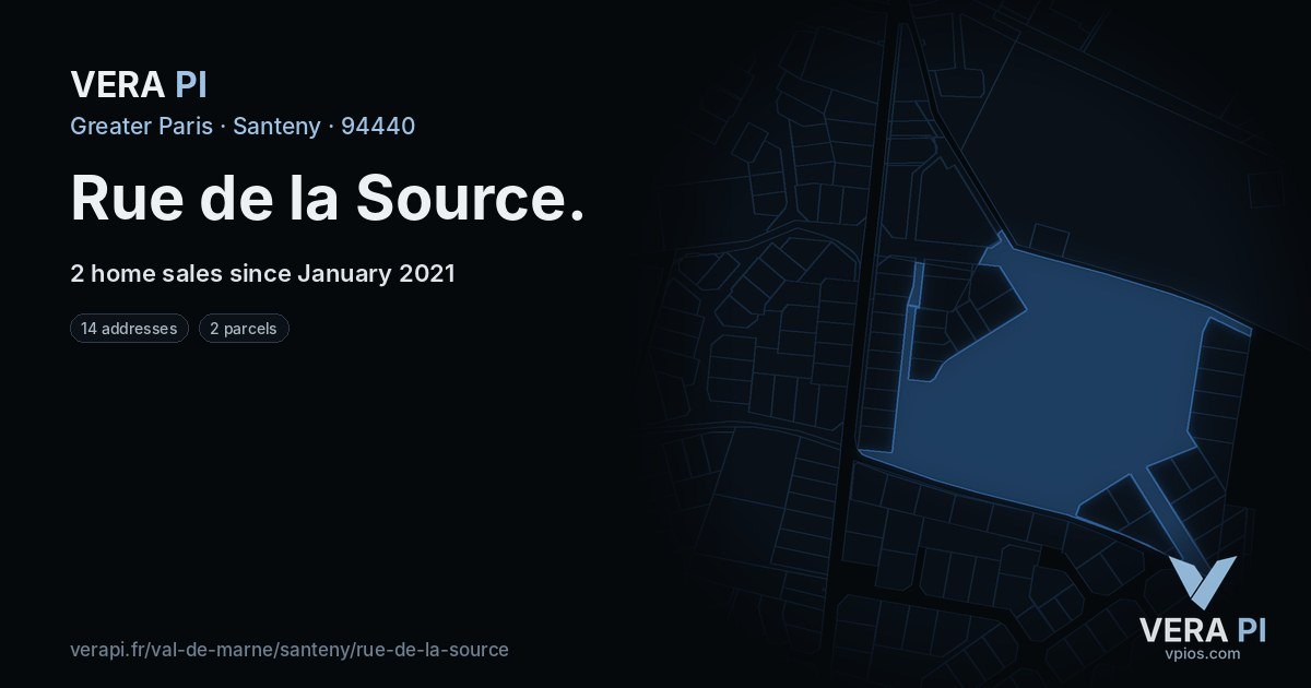 Rue de la Source, Santeny at night – every parcel coloured by the prices around it, the street's own parcels lit