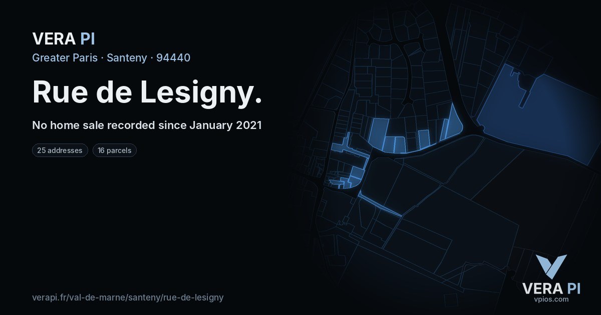 Rue de Lesigny, Santeny at night – every parcel coloured by the prices around it, the street's own parcels lit