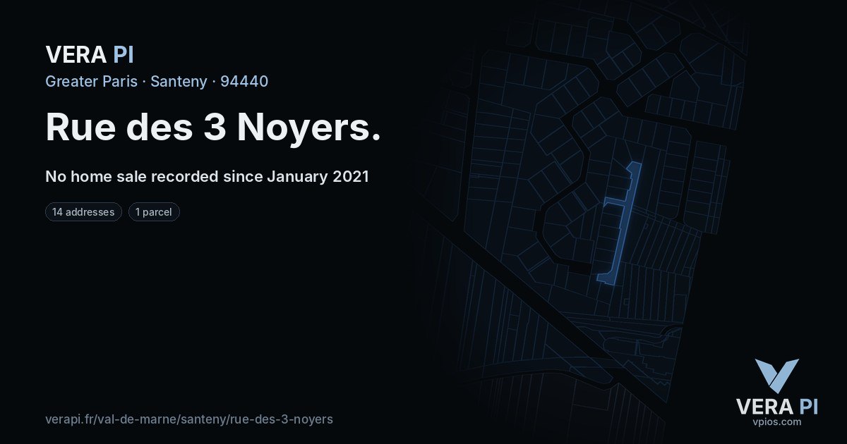 Rue des 3 Noyers, Santeny at night – every parcel coloured by the prices around it, the street's own parcels lit