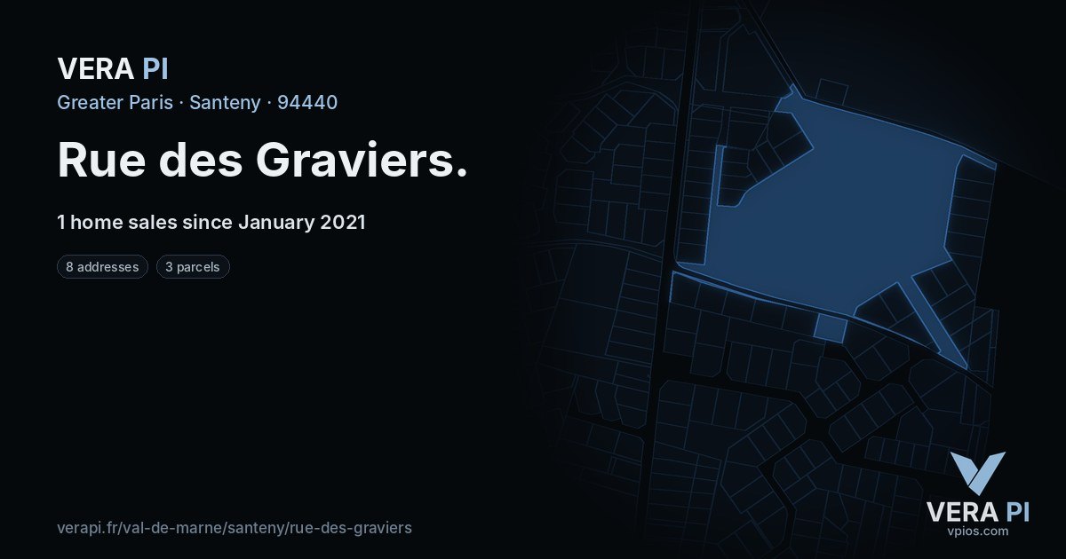 Rue des Graviers, Santeny at night – every parcel coloured by the prices around it, the street's own parcels lit