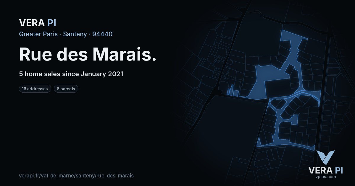 Rue des Marais, Santeny at night – every parcel coloured by the prices around it, the street's own parcels lit