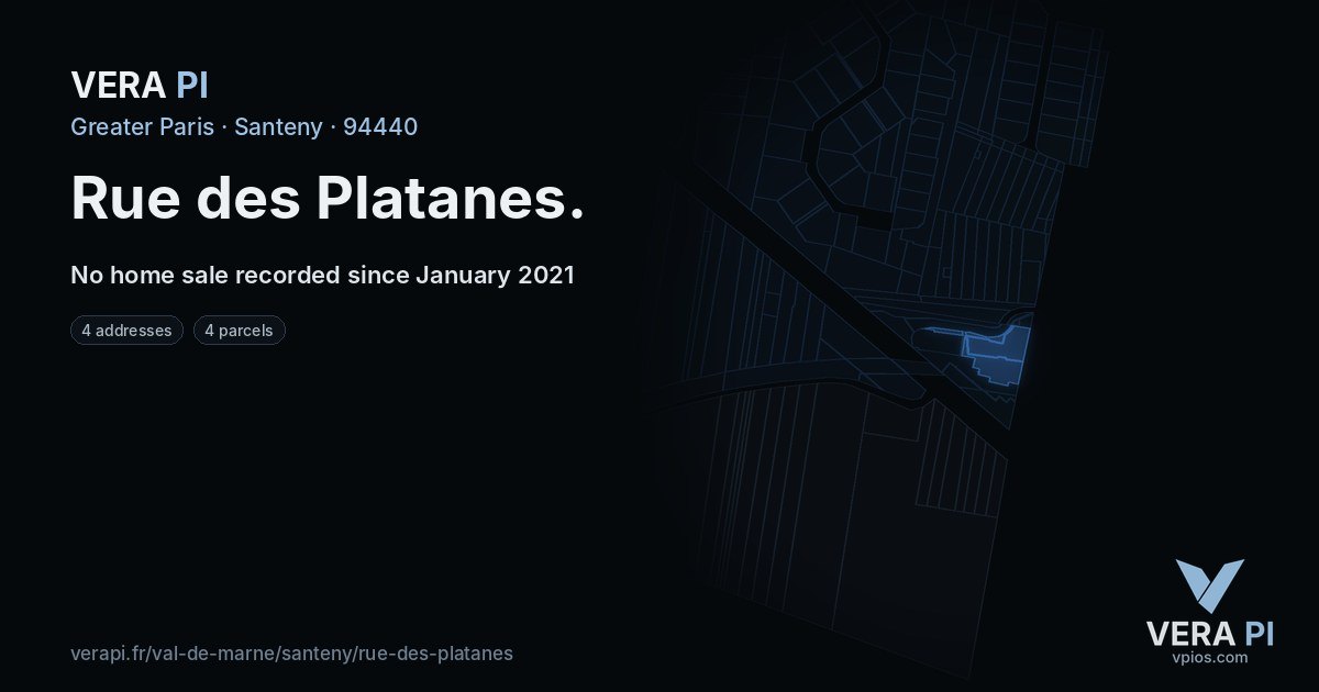Rue des Platanes, Santeny at night – every parcel coloured by the prices around it, the street's own parcels lit