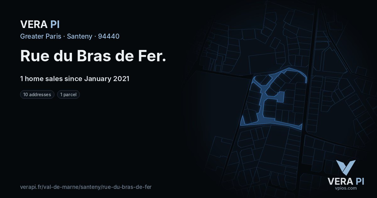 Rue du Bras de Fer, Santeny at night – every parcel coloured by the prices around it, the street's own parcels lit