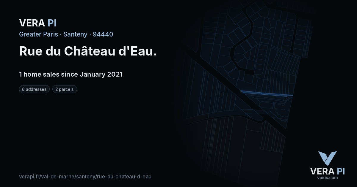 Rue du Château d'Eau, Santeny at night – every parcel coloured by the prices around it, the street's own parcels lit