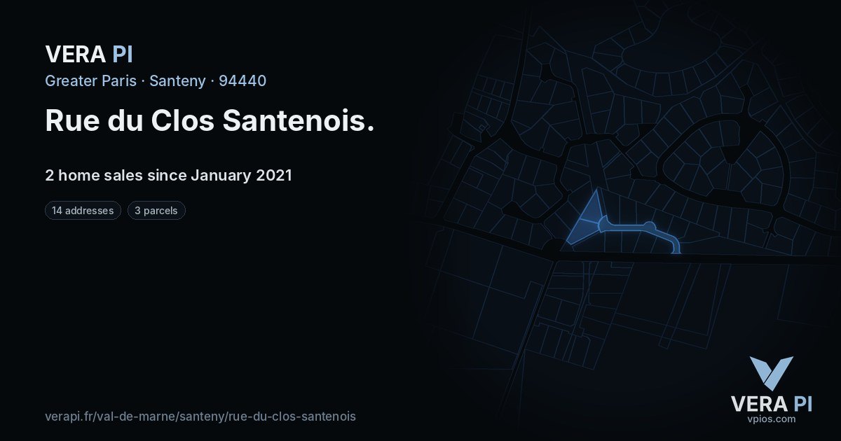 Rue du Clos Santenois, Santeny at night – every parcel coloured by the prices around it, the street's own parcels lit