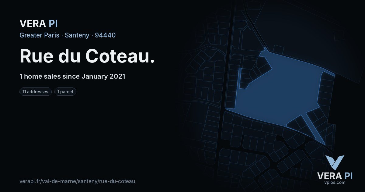 Rue du Coteau, Santeny at night – every parcel coloured by the prices around it, the street's own parcels lit