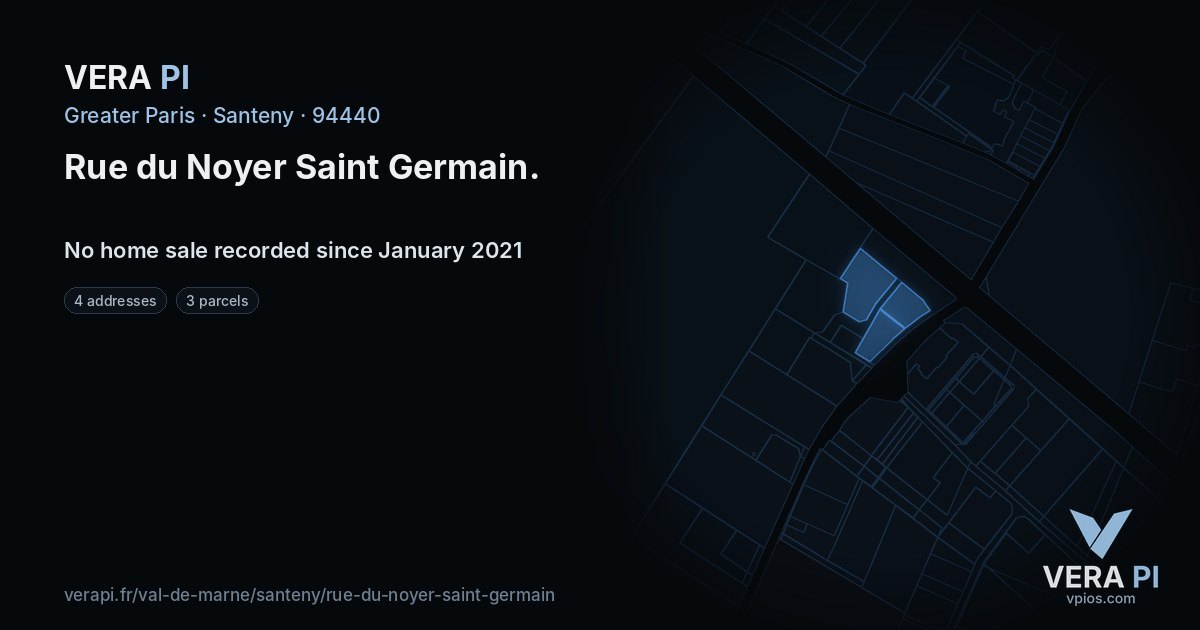 Rue du Noyer Saint Germain, Santeny at night – every parcel coloured by the prices around it, the street's own parcels lit