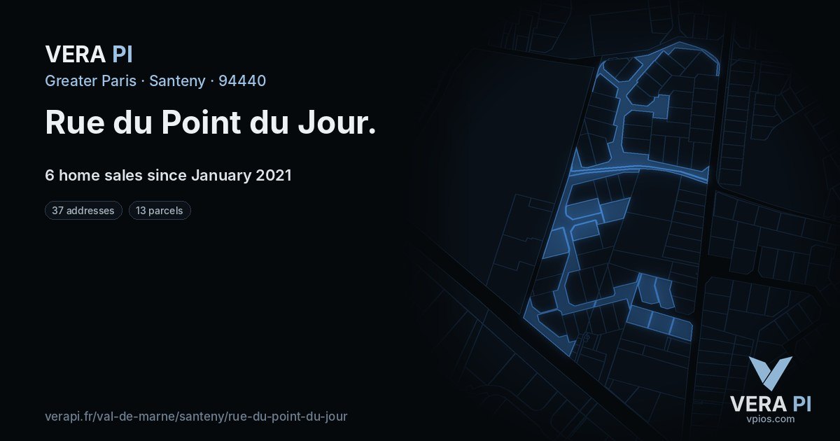 Rue du Point du Jour, Santeny at night – every parcel coloured by the prices around it, the street's own parcels lit