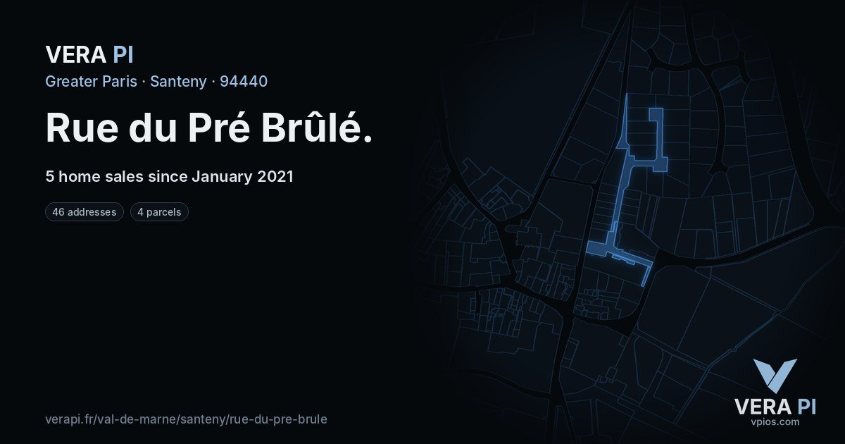 Rue du Pré Brûlé, Santeny at night – every parcel coloured by the prices around it, the street's own parcels lit