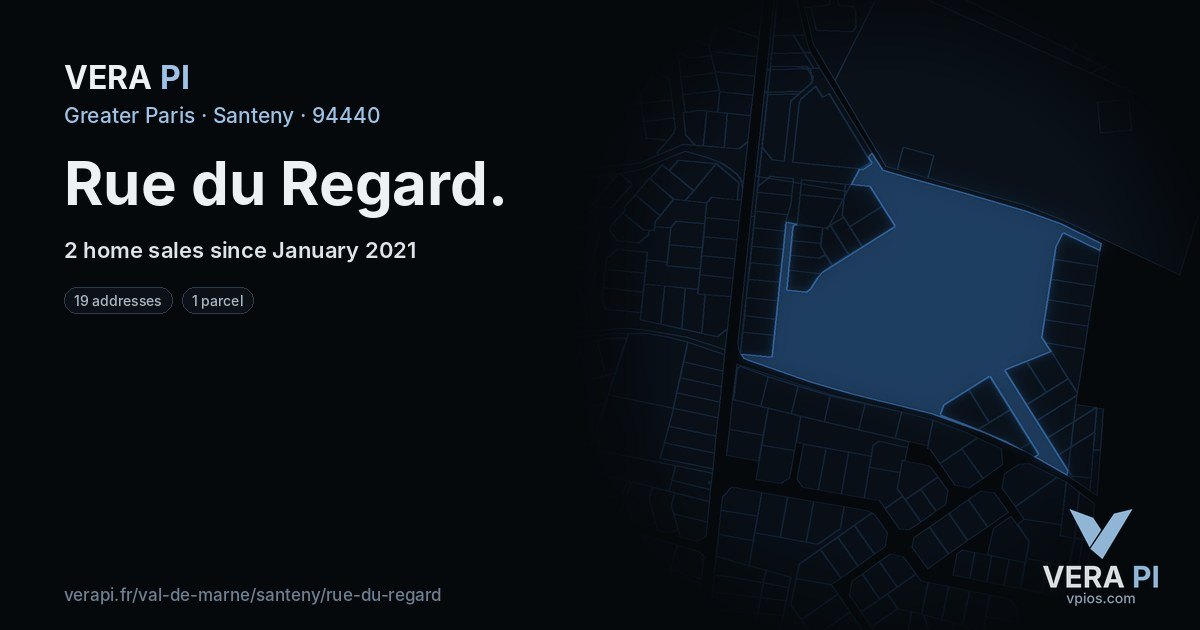 Rue du Regard, Santeny at night – every parcel coloured by the prices around it, the street's own parcels lit