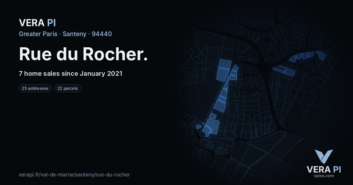 Rue du Rocher, Santeny at night – every parcel coloured by the prices around it, the street's own parcels lit